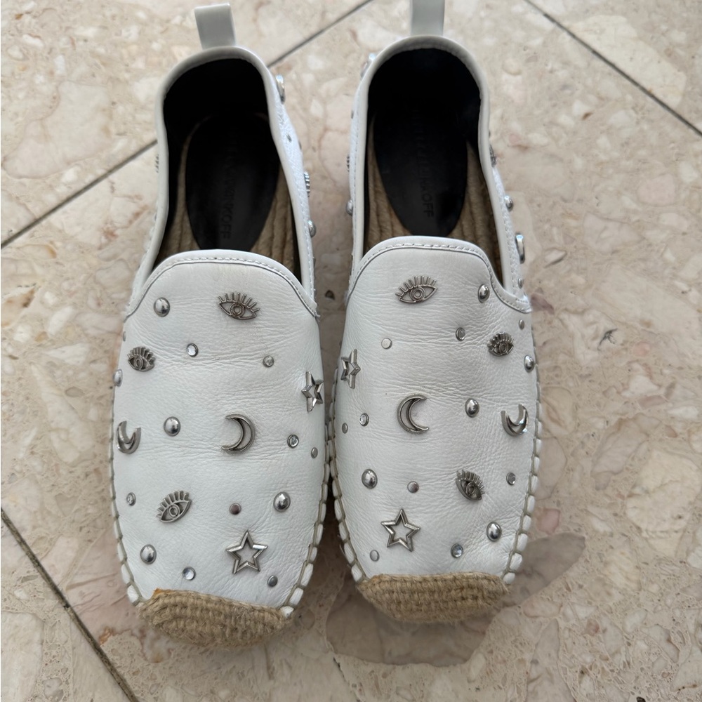 White espadrille Slip-On Shoes with Silver Embellishments